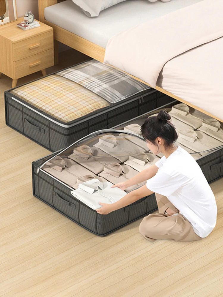 Foldable non-woven under-bed storage bag with large capacity, perfect for storing clothing and blankets. Keeps your bedroom closet tidy while saving space and protecting items from dust.