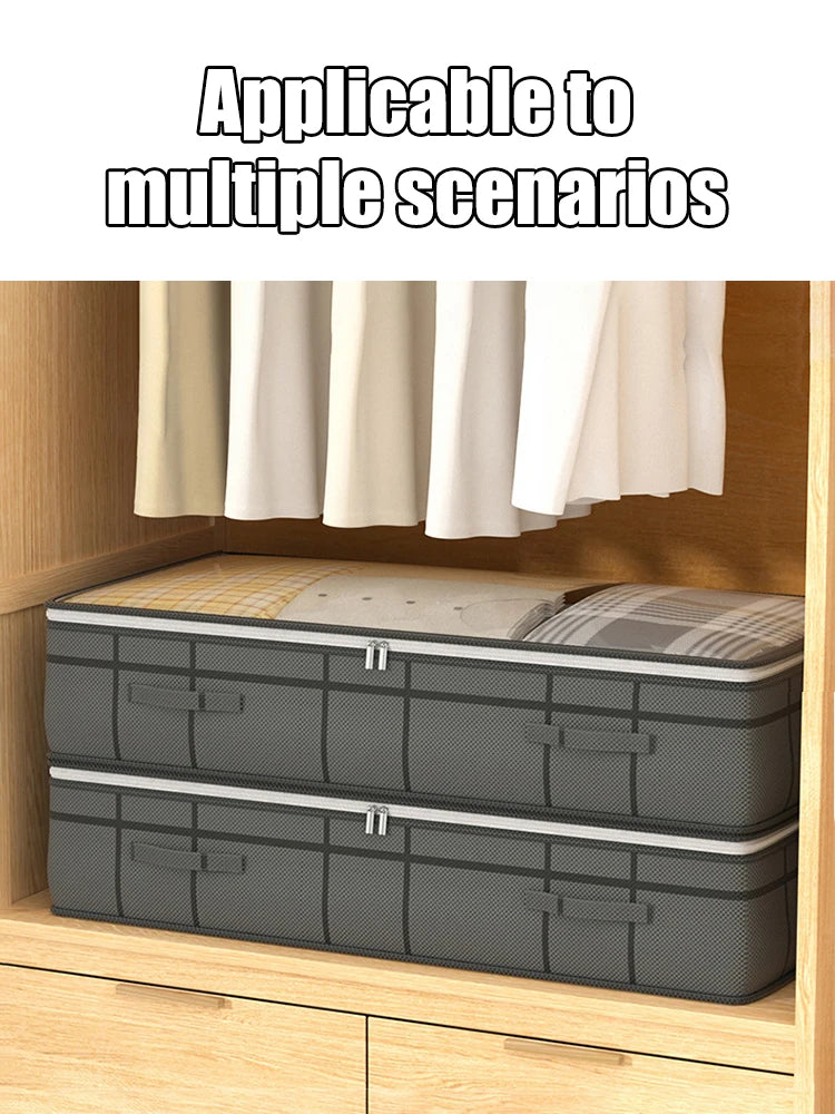 Foldable non-woven under-bed storage bag with large capacity, perfect for storing clothing and blankets. Keeps your bedroom closet tidy while saving space and protecting items from dust.