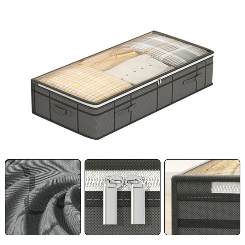 Foldable non-woven under-bed storage bag with large capacity, perfect for storing clothing and blankets. Keeps your bedroom closet tidy while saving space and protecting items from dust.