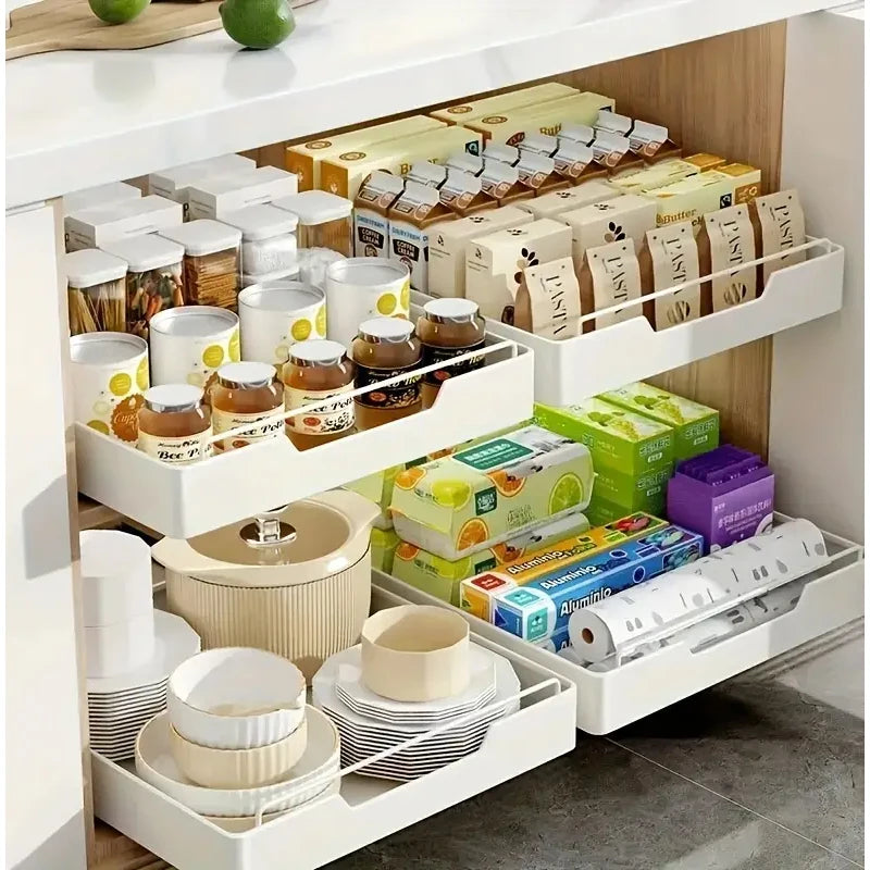 New kitchen storage rack featuring slide rails and a pull-out drawer design, perfect for organizing trays, spice boxes, and shelves inside cabinets.