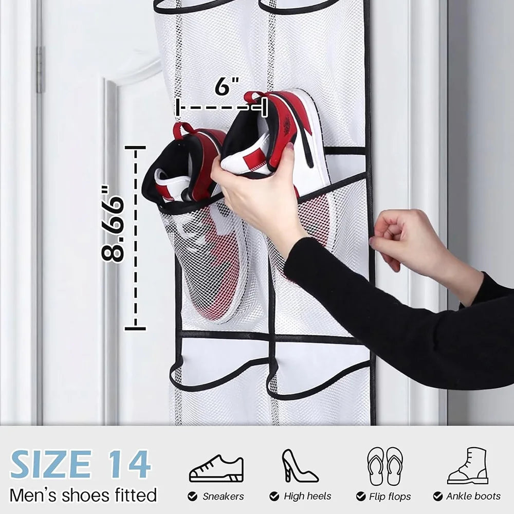 Over-the-door shoe organizer with 12 large mesh pockets, 2 hooks, and transparent fabric—perfect for storing shoes or other items in your bedroom.