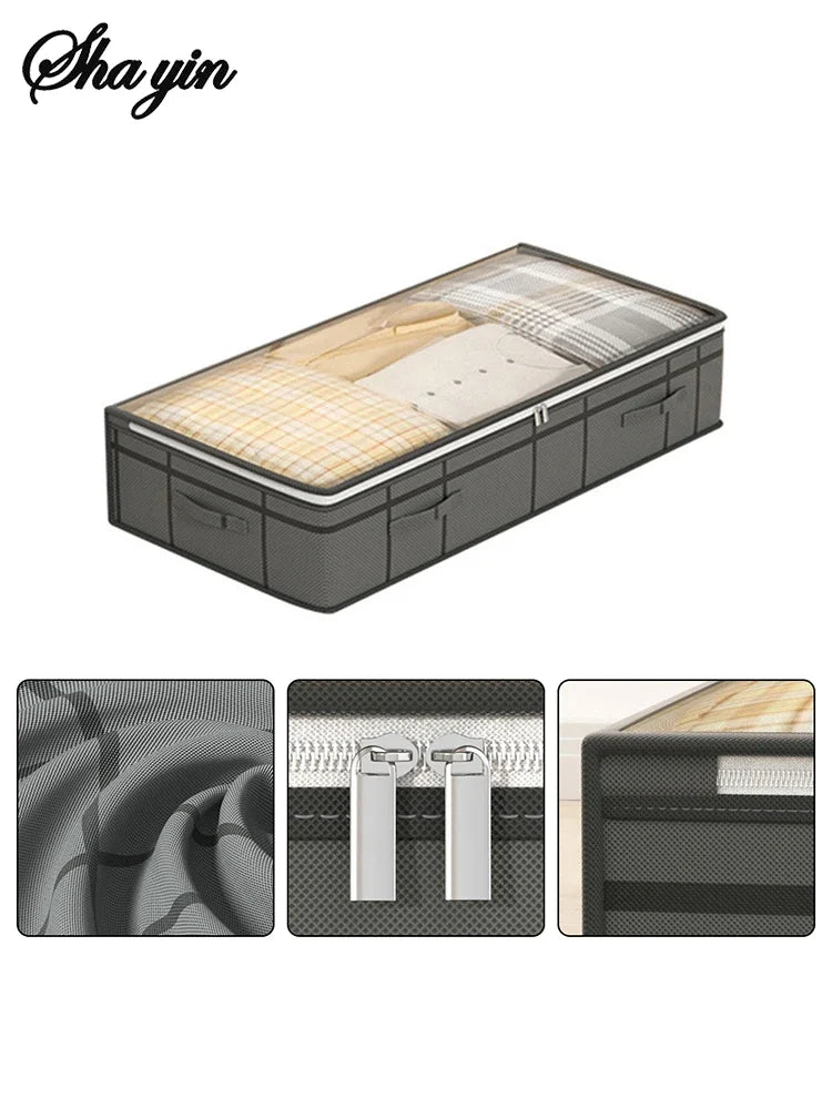 Foldable non-woven under-bed storage bag with large capacity, perfect for storing clothing and blankets. Keeps your bedroom closet tidy while saving space and protecting items from dust.