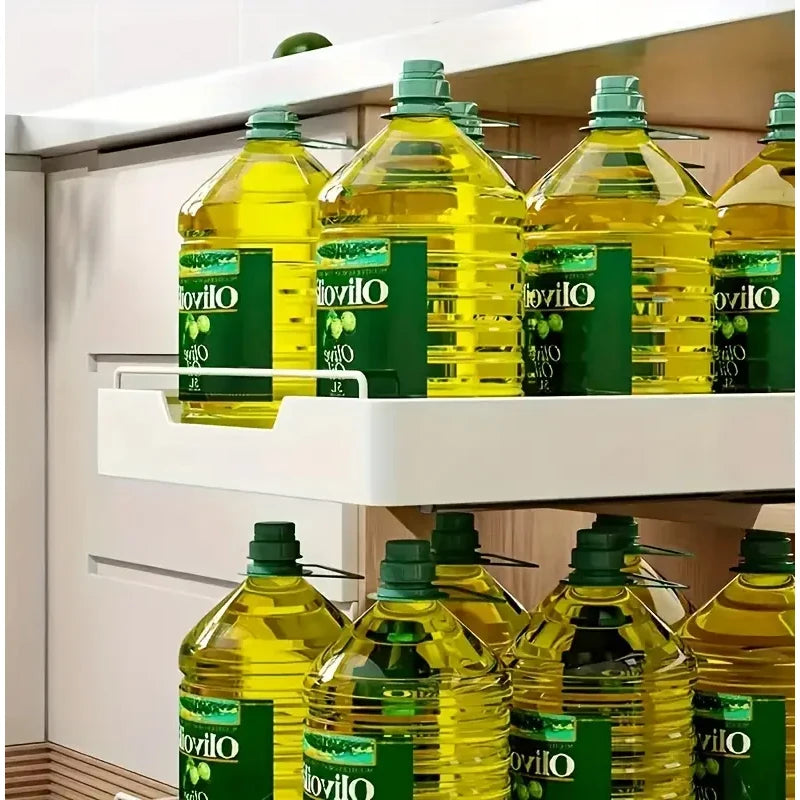 New kitchen storage rack featuring slide rails and a pull-out drawer design, perfect for organizing trays, spice boxes, and shelves inside cabinets.