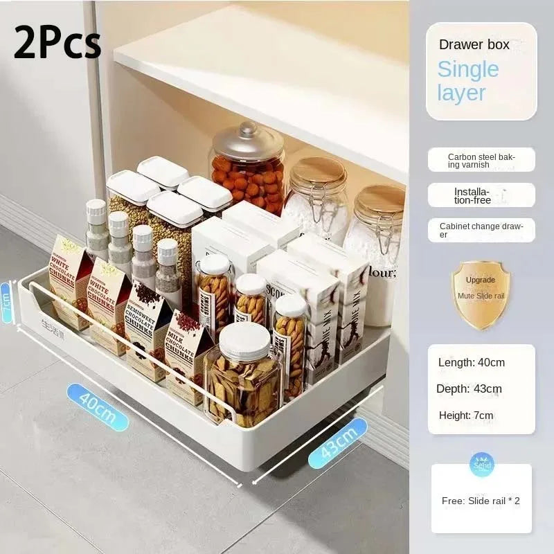 New kitchen storage rack featuring slide rails and a pull-out drawer design, perfect for organizing trays, spice boxes, and shelves inside cabinets.