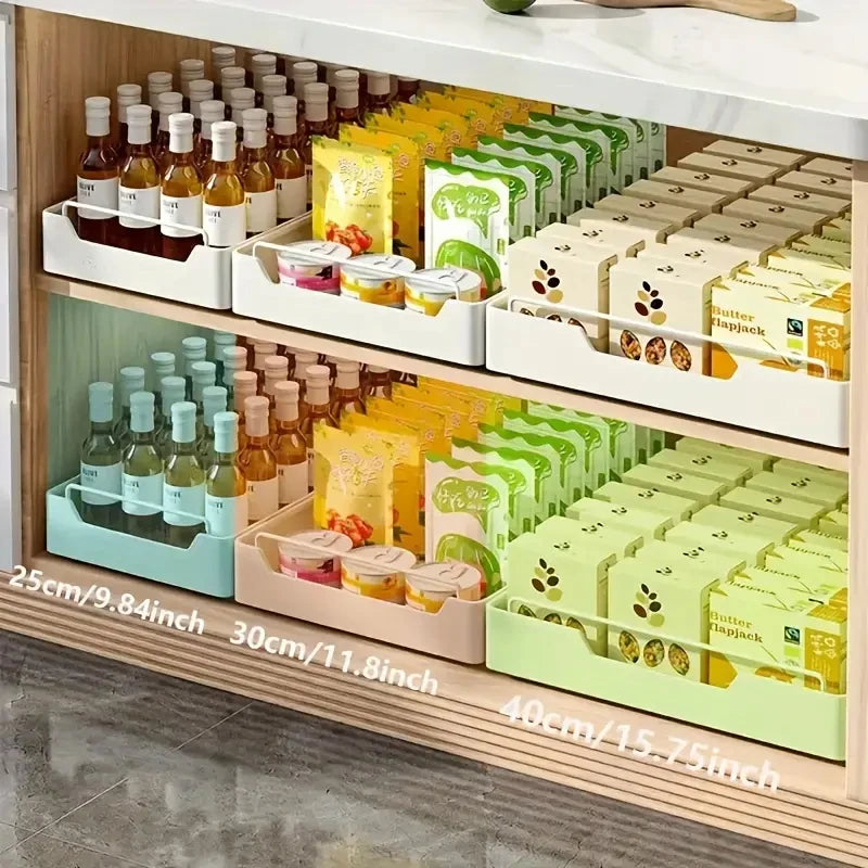New kitchen storage rack featuring slide rails and a pull-out drawer design, perfect for organizing trays, spice boxes, and shelves inside cabinets.