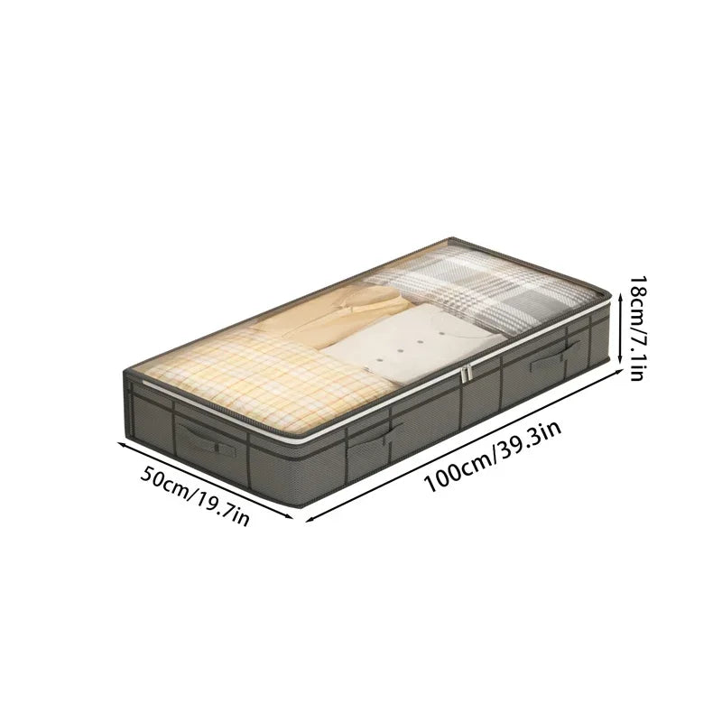 Foldable non-woven under-bed storage bag with large capacity, perfect for storing clothing and blankets. Keeps your bedroom closet tidy while saving space and protecting items from dust.