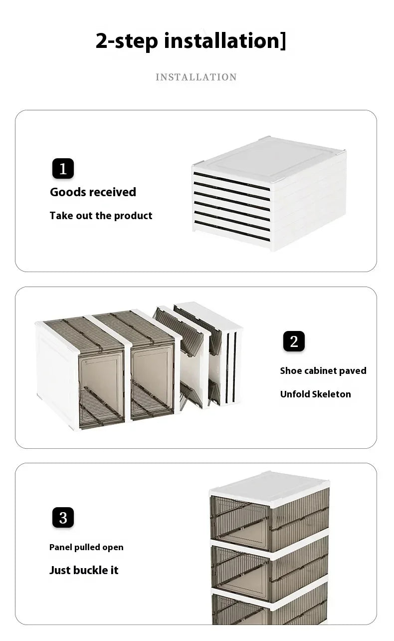 Dustproof 6-layer foldable shoe boxes, stackable and transparent, made from thickened plastic, perfect for organizing sneakers or other footwear in a neat and stylish cabinet setup.