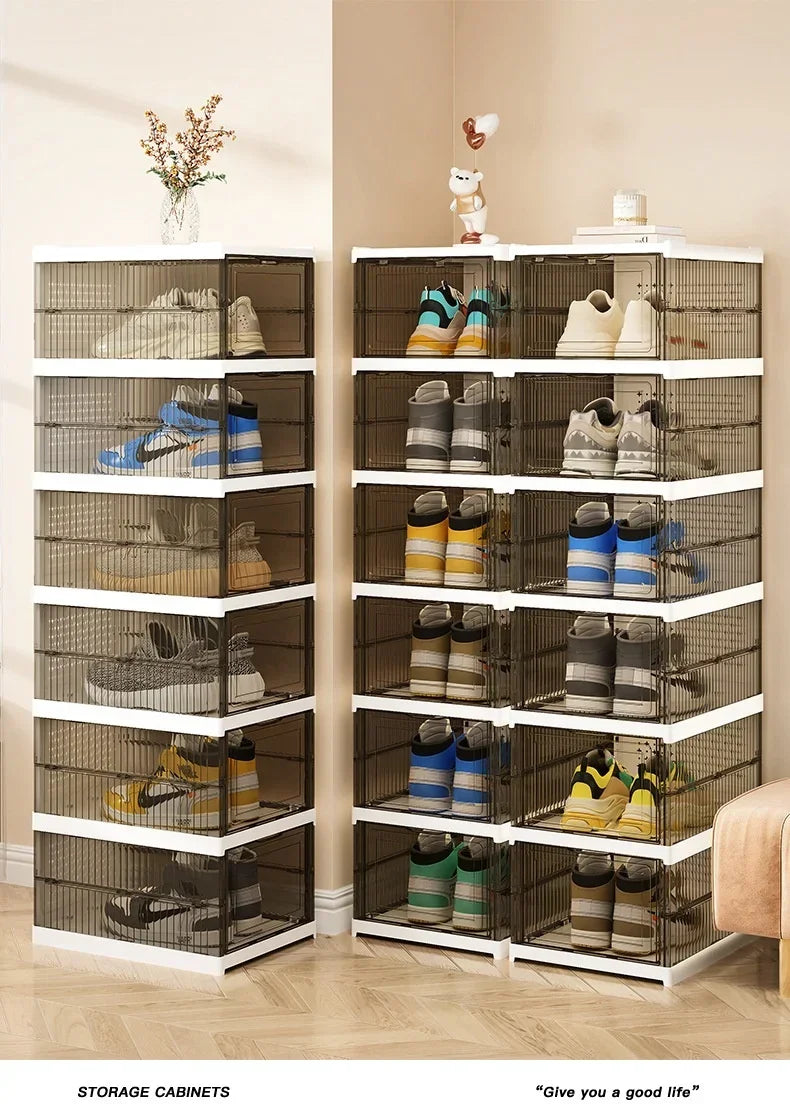 Dustproof 6-layer foldable shoe boxes, stackable and transparent, made from thickened plastic, perfect for organizing sneakers or other footwear in a neat and stylish cabinet setup.