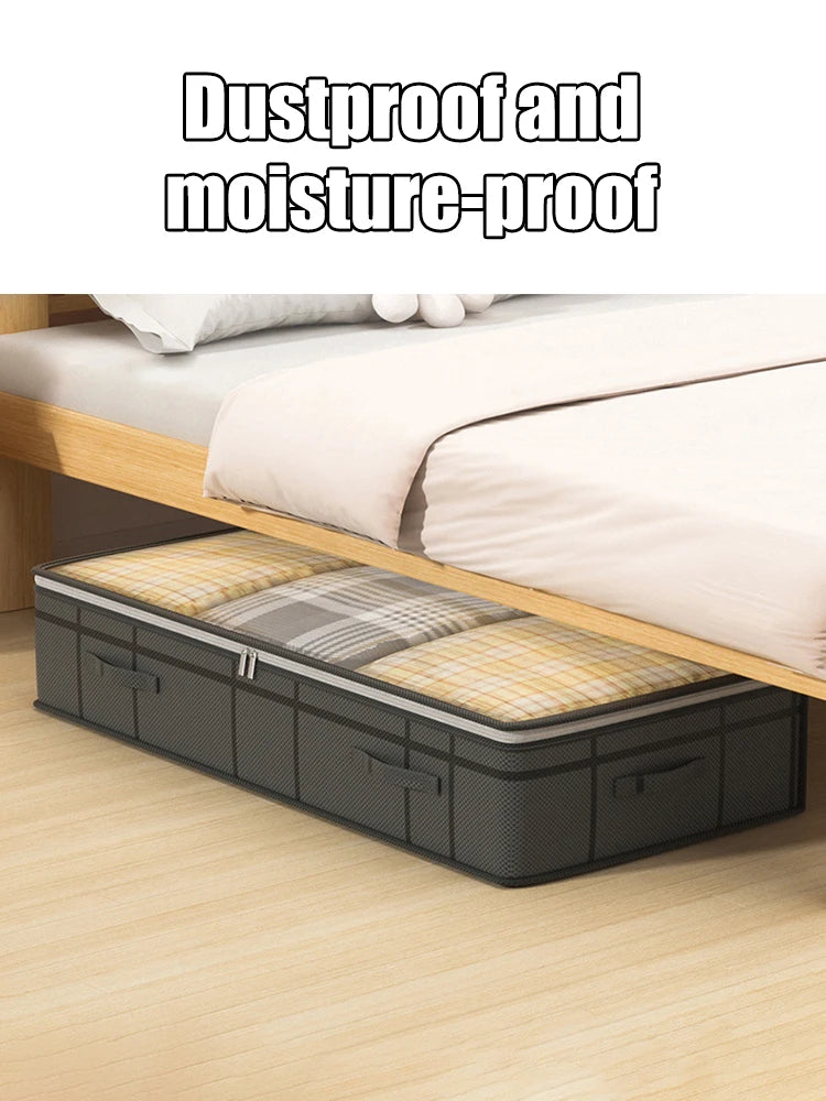 Foldable non-woven under-bed storage bag with large capacity, perfect for storing clothing and blankets. Keeps your bedroom closet tidy while saving space and protecting items from dust.