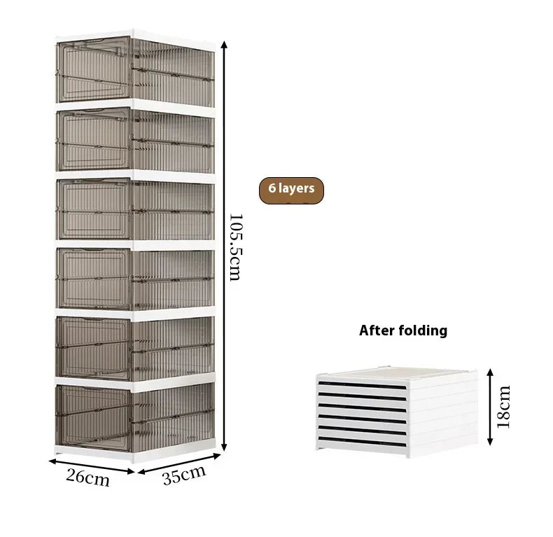 Dustproof 6-layer foldable shoe boxes, stackable and transparent, made from thickened plastic, perfect for organizing sneakers or other footwear in a neat and stylish cabinet setup.