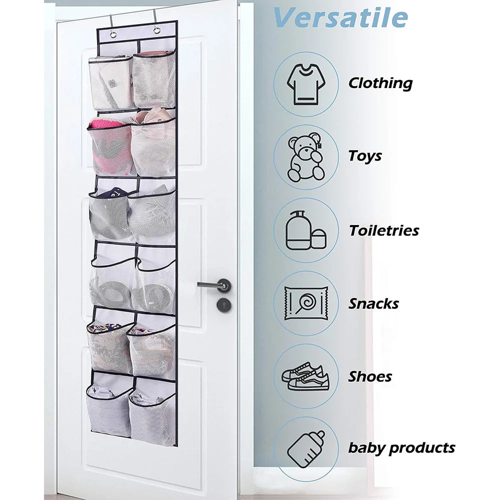 Over-the-door shoe organizer with 12 large mesh pockets, 2 hooks, and transparent fabric—perfect for storing shoes or other items in your bedroom.