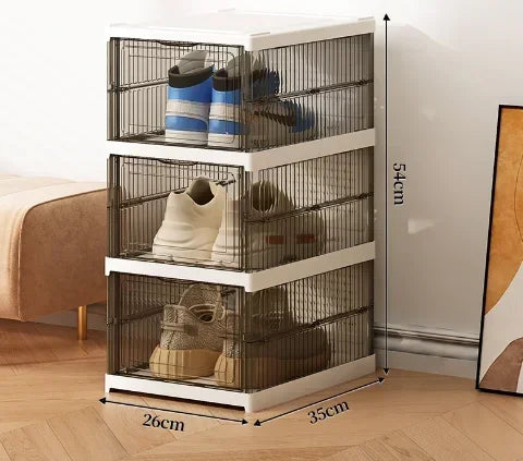 Dustproof 6-layer foldable shoe boxes, stackable and transparent, made from thickened plastic, perfect for organizing sneakers or other footwear in a neat and stylish cabinet setup.