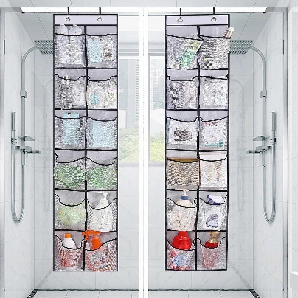 Over-the-door shoe organizer with 12 large mesh pockets, 2 hooks, and transparent fabric—perfect for storing shoes or other items in your bedroom.