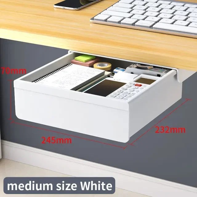 Hidden Under-Desk Drawer Storage Office Organizer, Self-Adhesive Plastic Drawers for Under table Accessories and Storage Box.