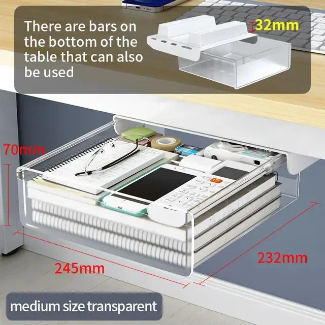 Hidden Under-Desk Drawer Storage Office Organizer, Self-Adhesive Plastic Drawers for Under table Accessories and Storage Box.