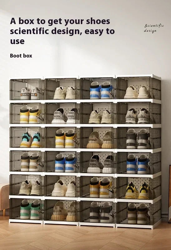 Dustproof 6-layer foldable shoe boxes, stackable and transparent, made from thickened plastic, perfect for organizing sneakers or other footwear in a neat and stylish cabinet setup.