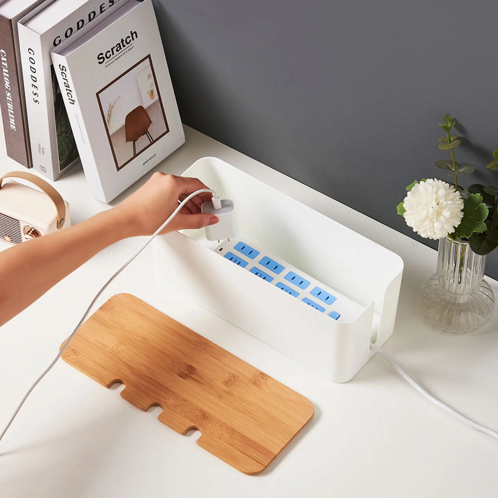 Large cable management box in a wooden style design, perfect for organizing and concealing TV wires, computer cables, USB hubs, and under-desk power strips.